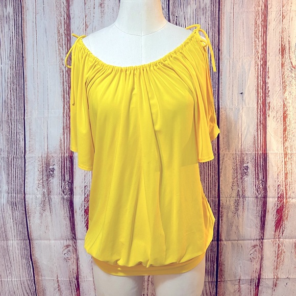 Kiwi Tops - KIWI| WOMENS YELLOW COLD SHOLDER TIE LOOSE FITTING SHORT SLEEVE BLOUSE LARGE
